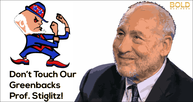 a photo of Joseph Stiglitz beside a cartoon of patriotic Uncle Sam putting fists up to him amid his suggestion of a cashless society