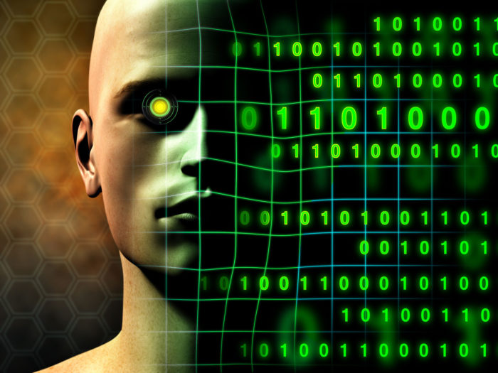 a photo of a cyborg with green machine eyes beside green binary numbers amid the reality of the Elon Musk Neural Link idea