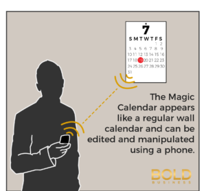 a photo that contains a silhouette of a man with a phone, a calendar on the wall, and a short information about the Magic Calendar on the side
