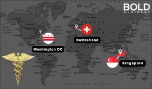 Map of the world with three countries identified.