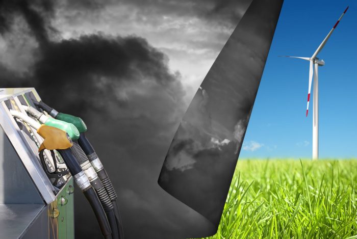 a photo of a green field seemingly under another photo of black smoke and gasoline station pumps amid concerns about United States pollution problems