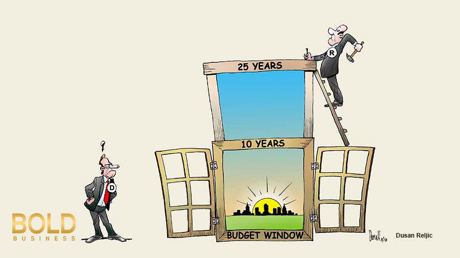 Man builds a wider window while another looks on, thus symbolizing the building of a bigger US government budget window