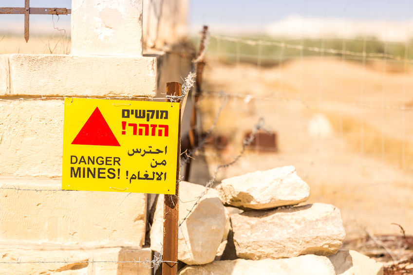 Sign saying Danger Mines. Anti Landmine Drone Zone to Detect