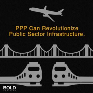 private-public partnerships for infrastructure examples including a plane, bridge, and train on black background. 