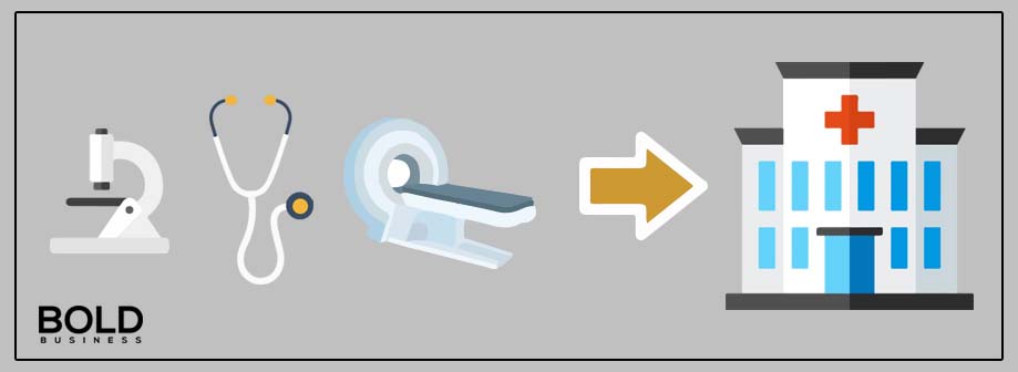 Picture of medical equipment and hospital for genomic testing. 