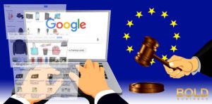 A google screen and the EU symbol and a gavel.