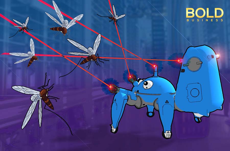 a photo of robots zapping mosquitoes with lasers, depicting an upgrade in anti-mosquito technology