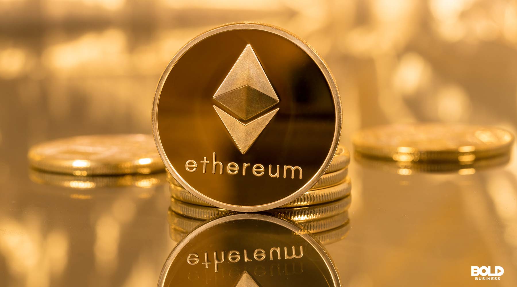 A picture of a coin with the Ethereum logo.
