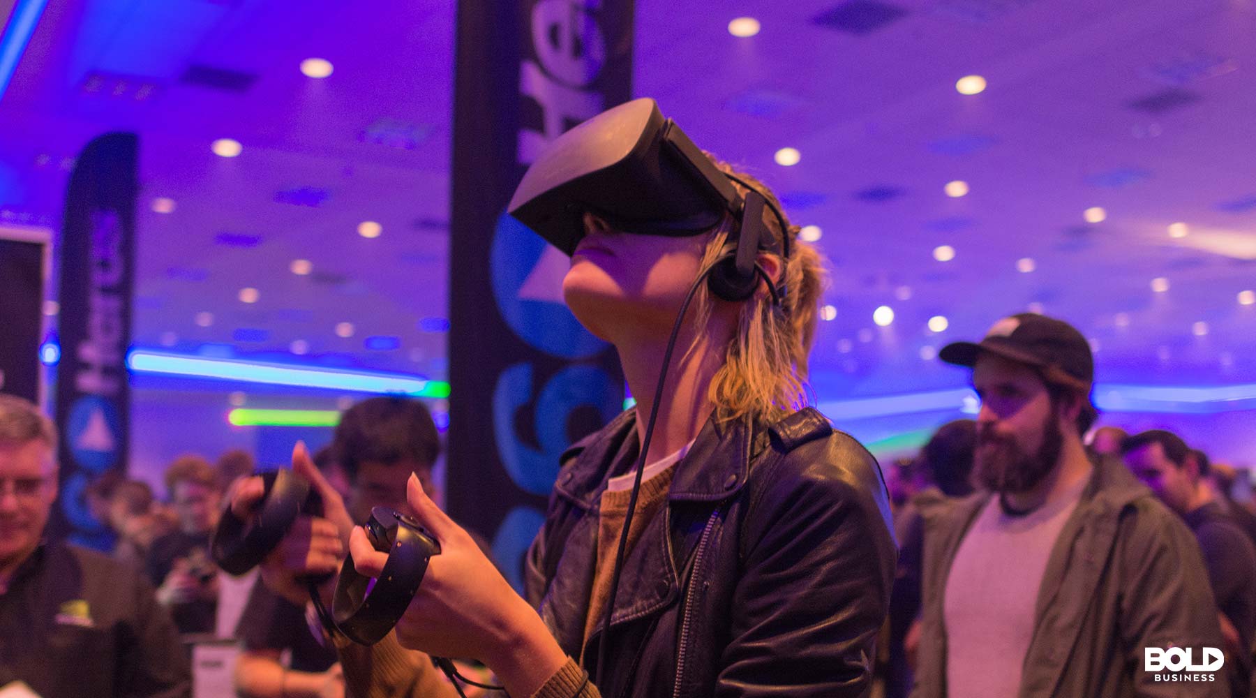 Girl wearing virtual reality goggles.