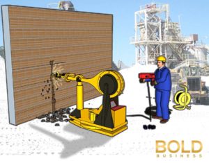 innovation in the construction: worker remotely operates a drill.