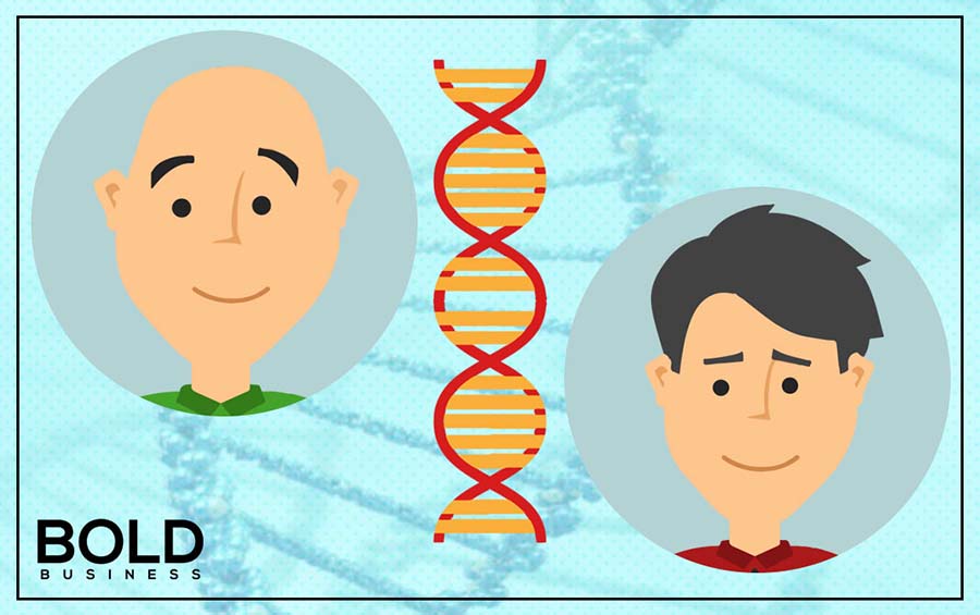 an image containing a cartoon of a bald man and a cartoon of a guy with hair with the two separated by a DNA strand in the middle as scientist discover a stem cell hair growth cure