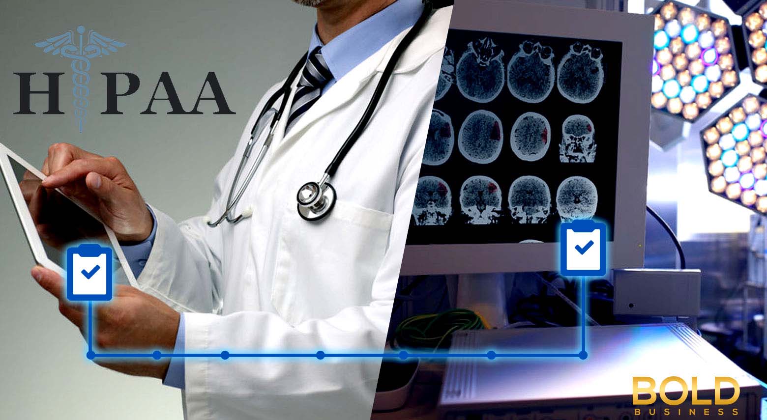 a photo of a doctor using a smart tablet beside a photo of brain scan images amid the question on how can technology reduce healthcare costs