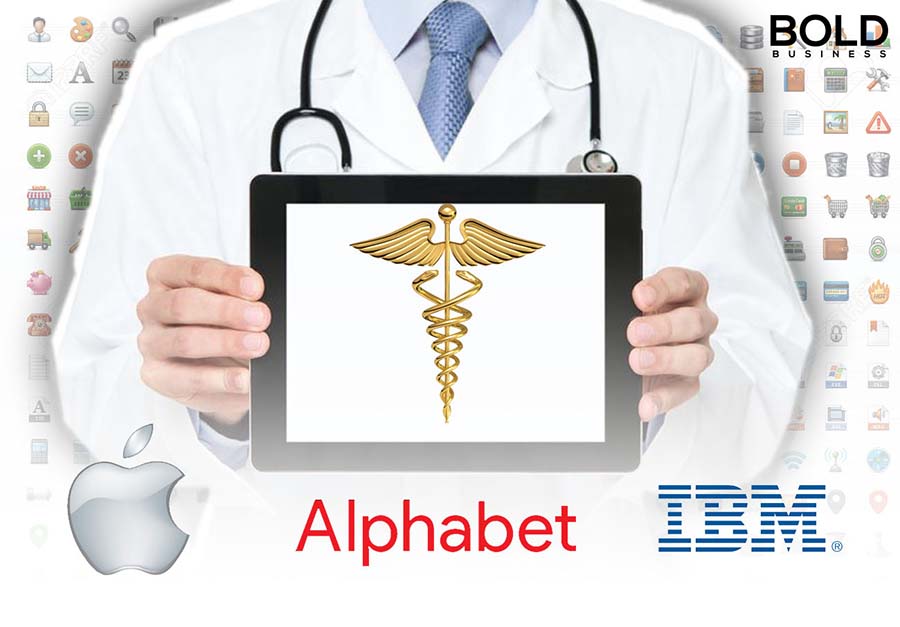 white-coated physician holding a smart tablet with a caduceus symbol in the middle of the screen and the logo of companies Apple Alphabet and IBM in the space below the tablet amid tech companies getting into healthcare a white-coated physician holding a smart tablet with a caduceus symbol in the middle of the screen and the logo of companies Apple Alphabet and IBM in the space below the tablet amid tech companies getting into healthcare