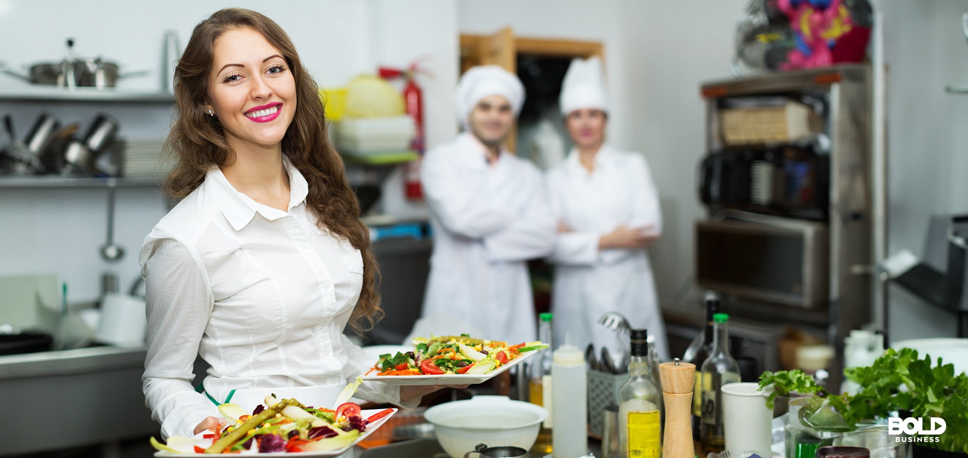 a photo of a waitress holding two plates full of salads next to the Yale University logo and motto, amid the rise of Yale entrepreneurship
