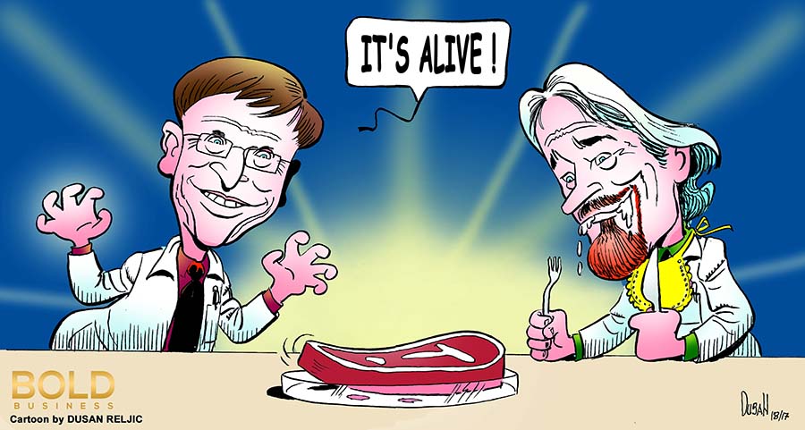a cartoon of Bill Gates and Richard Branson looking at a piece of lab-grown meat amid their decision to invest in Memphis Meats