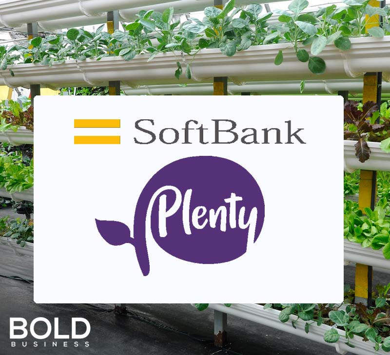 a photo containing images of SoftBank and Plenty logos on vertical farm photo amid the existence Plenty vertical farming