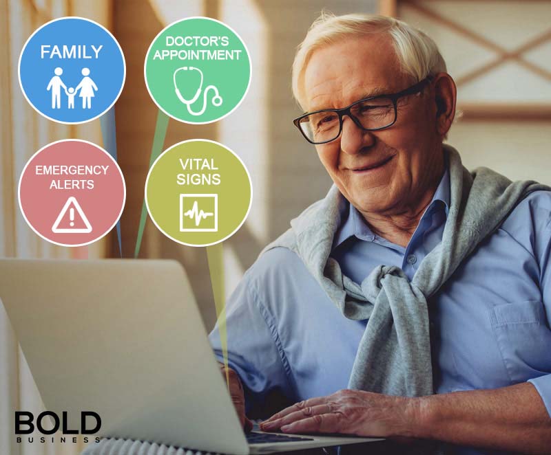 photo of a male elderly on a laptop, browsing his health records stored by StoriiCare a photo of a male elderly on a laptop, browsing his health records stored by StoriiCare