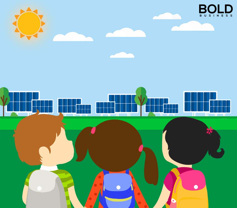 a cartoon illustration of three school kids looking at solar panels in the far distance amid the idea that One hundred thirty-nine countries could be using 100 percent renewable energy by 2050