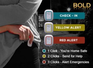 Woman pressing a button device as a wearable personal safety gadget.
