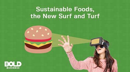 Woman with VR goggles looking at a hamburger.