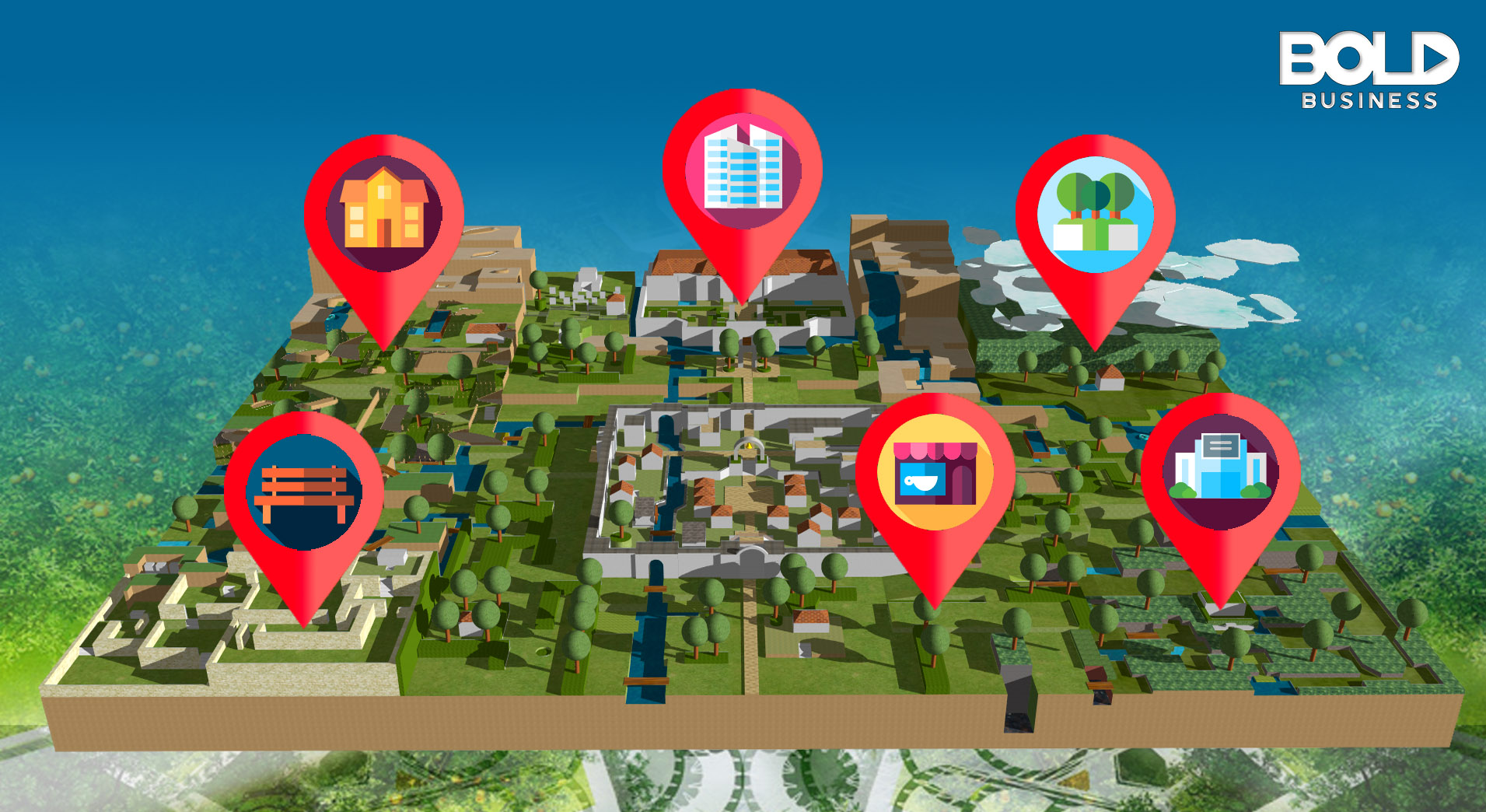 map markers dotting a cityscape