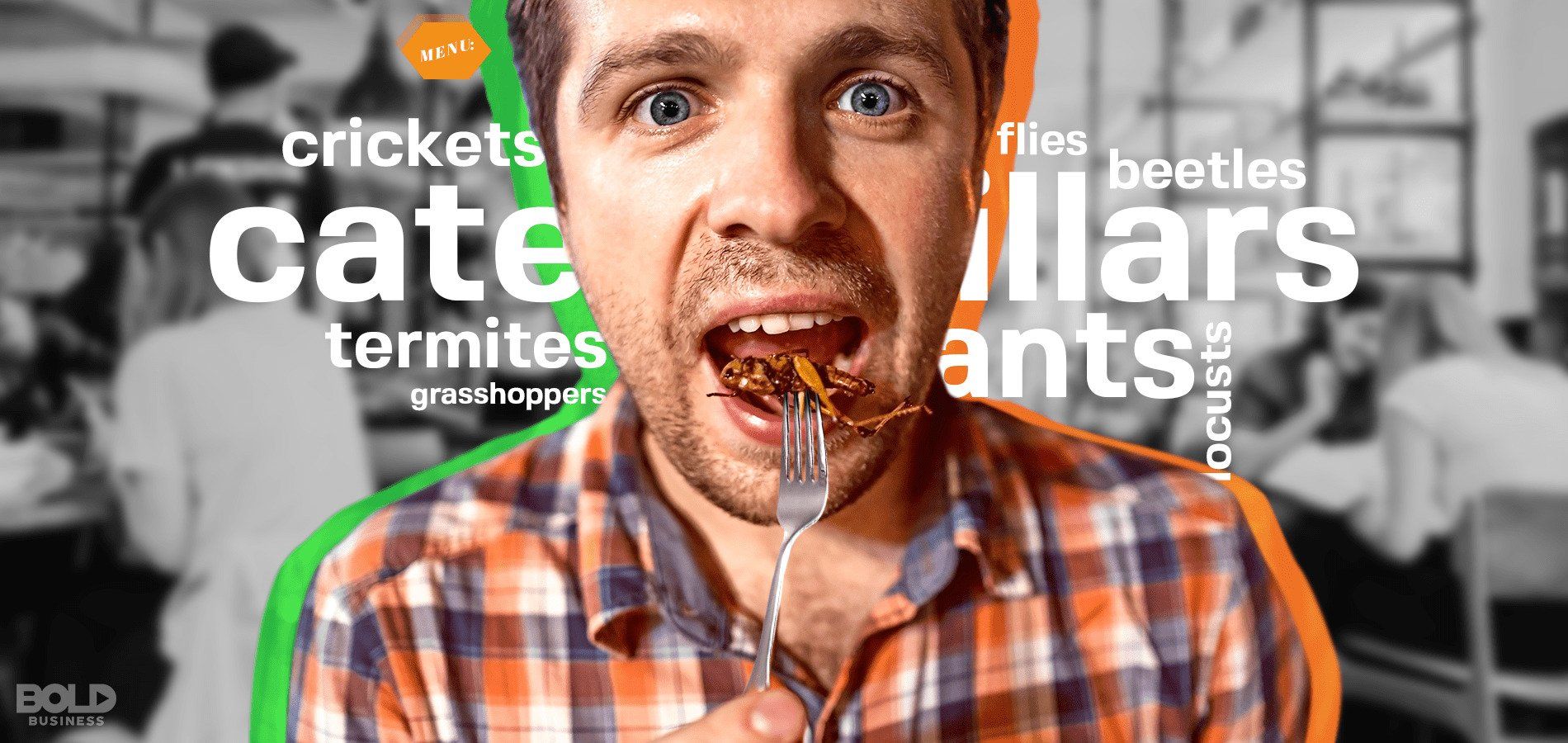 man about to eat a forkful of insects