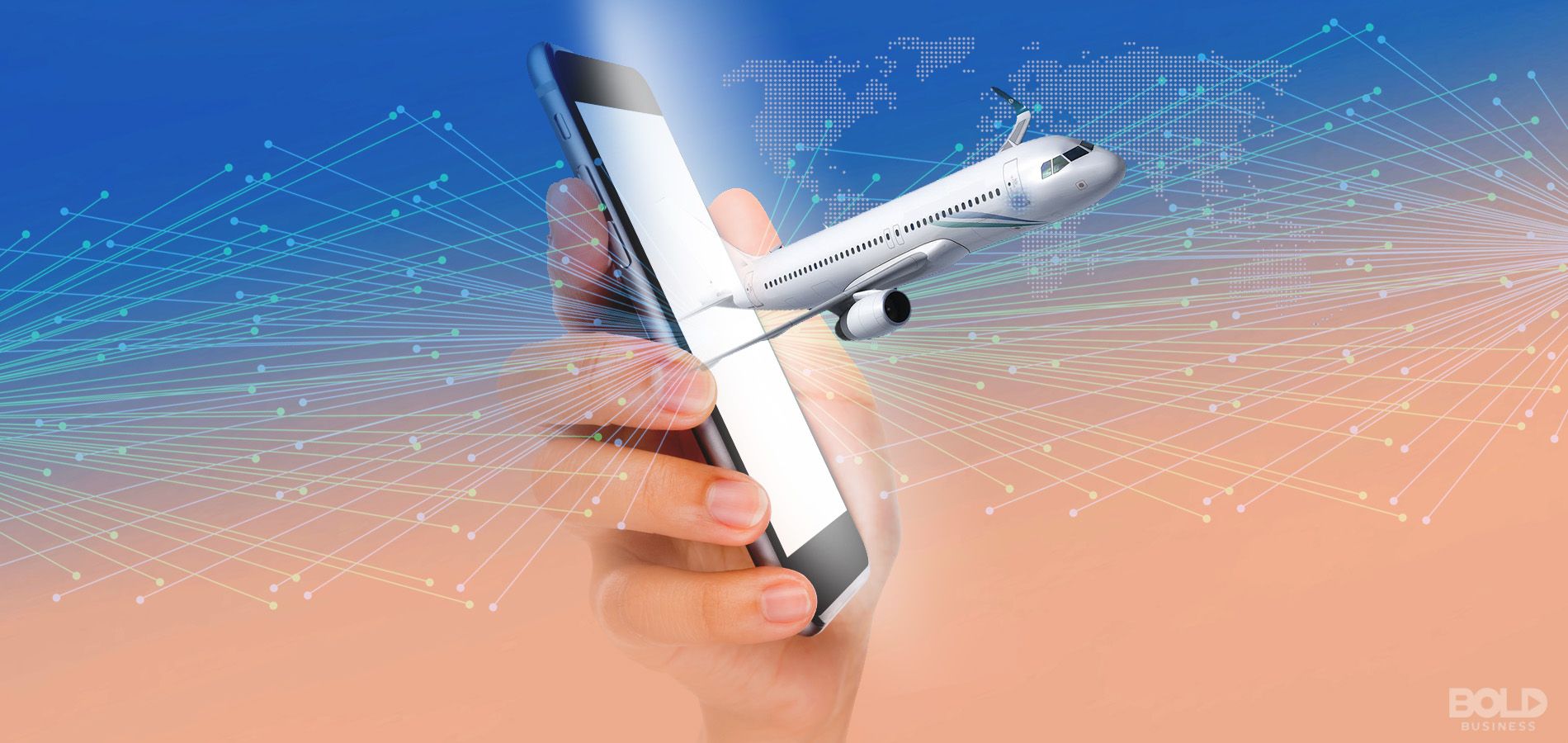 a smartphone with a 3D plane emerging from the screen, the future for travel tech startups