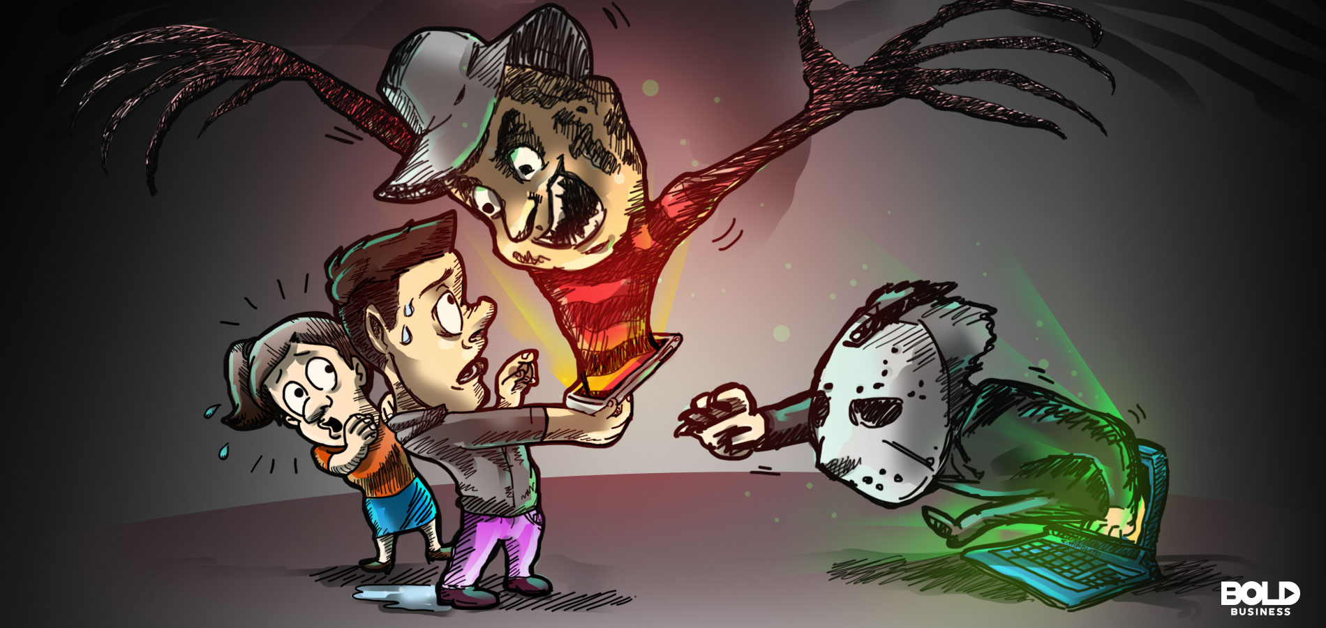 a cartoon of a boy using cellphone and a girl who is scared on the information that they saw in the internet