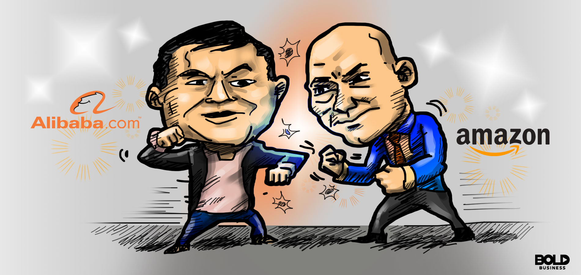 Cartoon of Amazon and Alibaba CEOs with fists up ready to battle