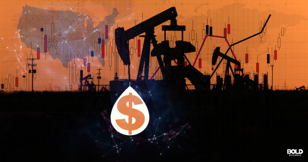 Custom Graphic featuring map of united states and oil drilling rig producing dollar sign