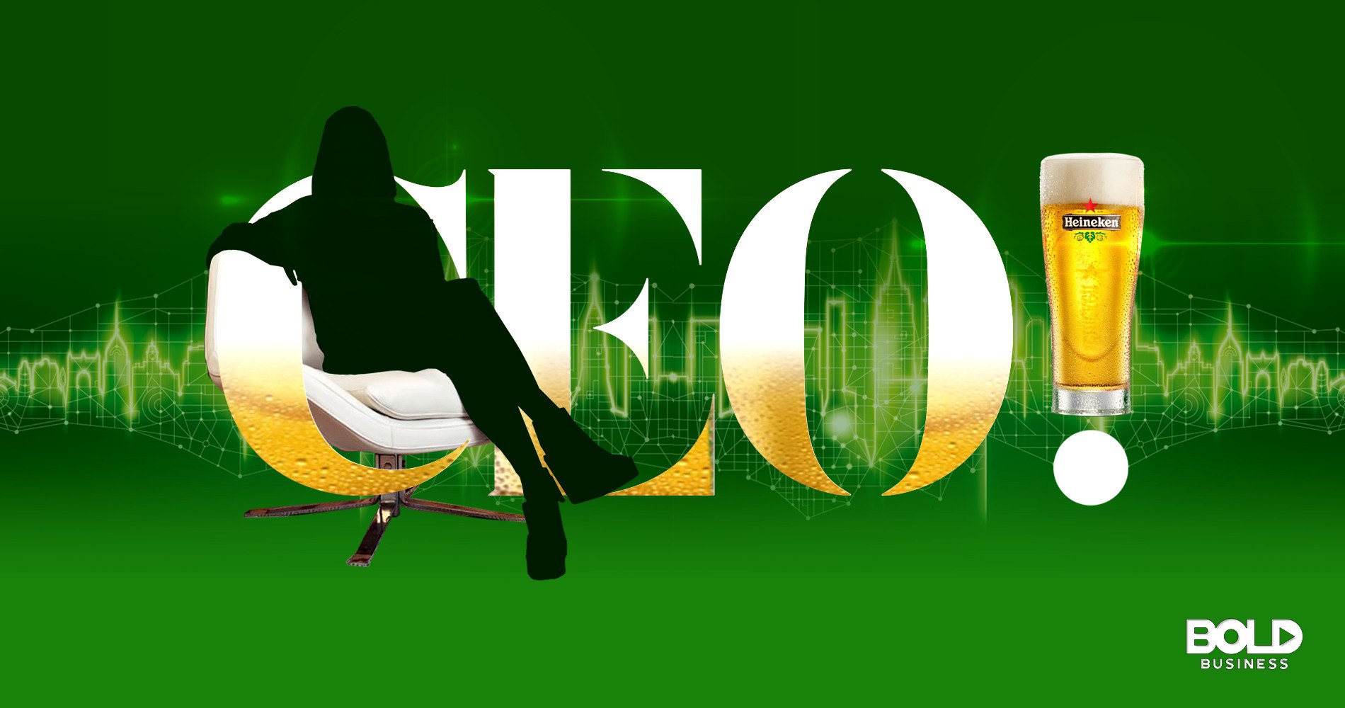 Heineken green backdrop with 'CEO' and silhouette of woman professional sitting in desk chair