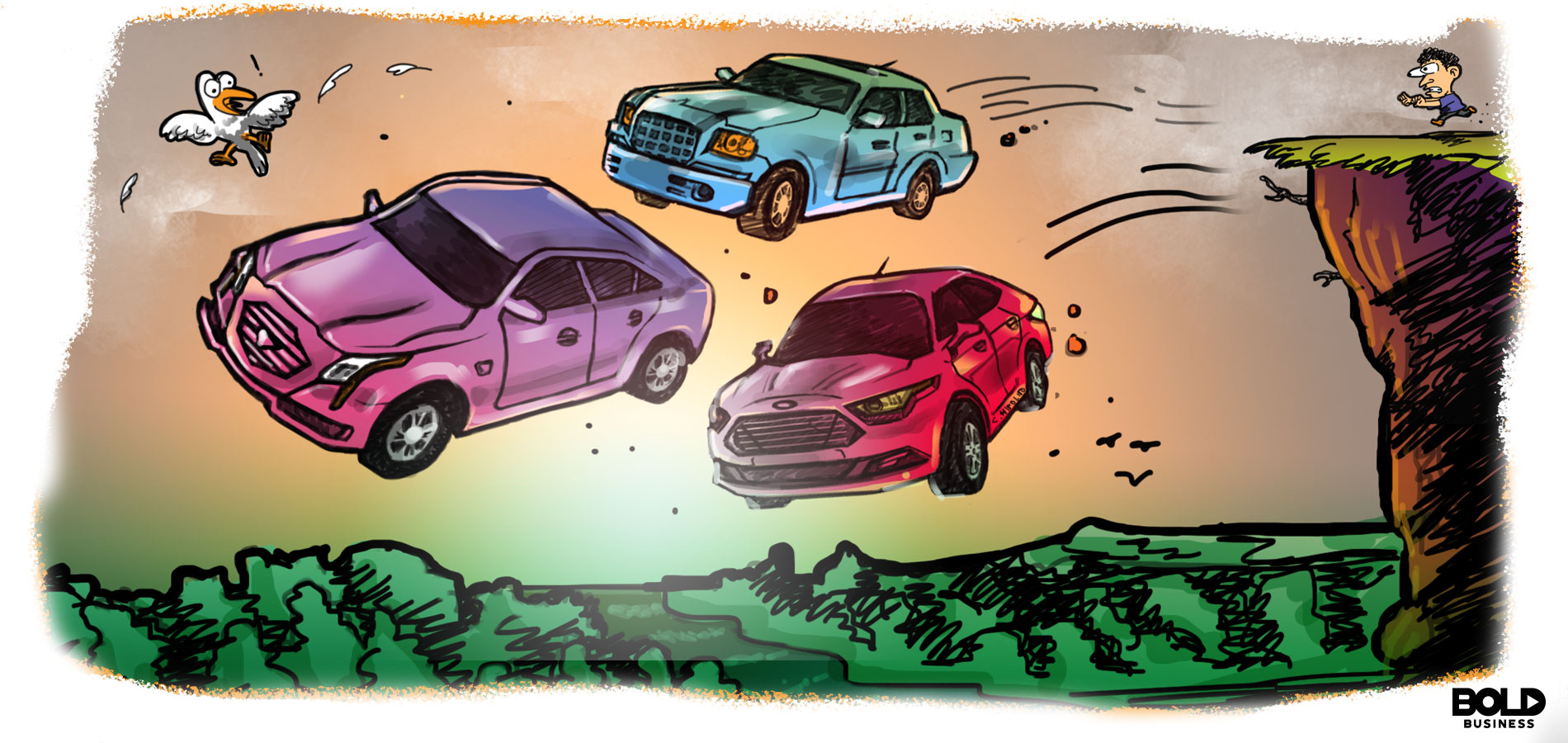 cartoon of man pushing three american sedans off cliff