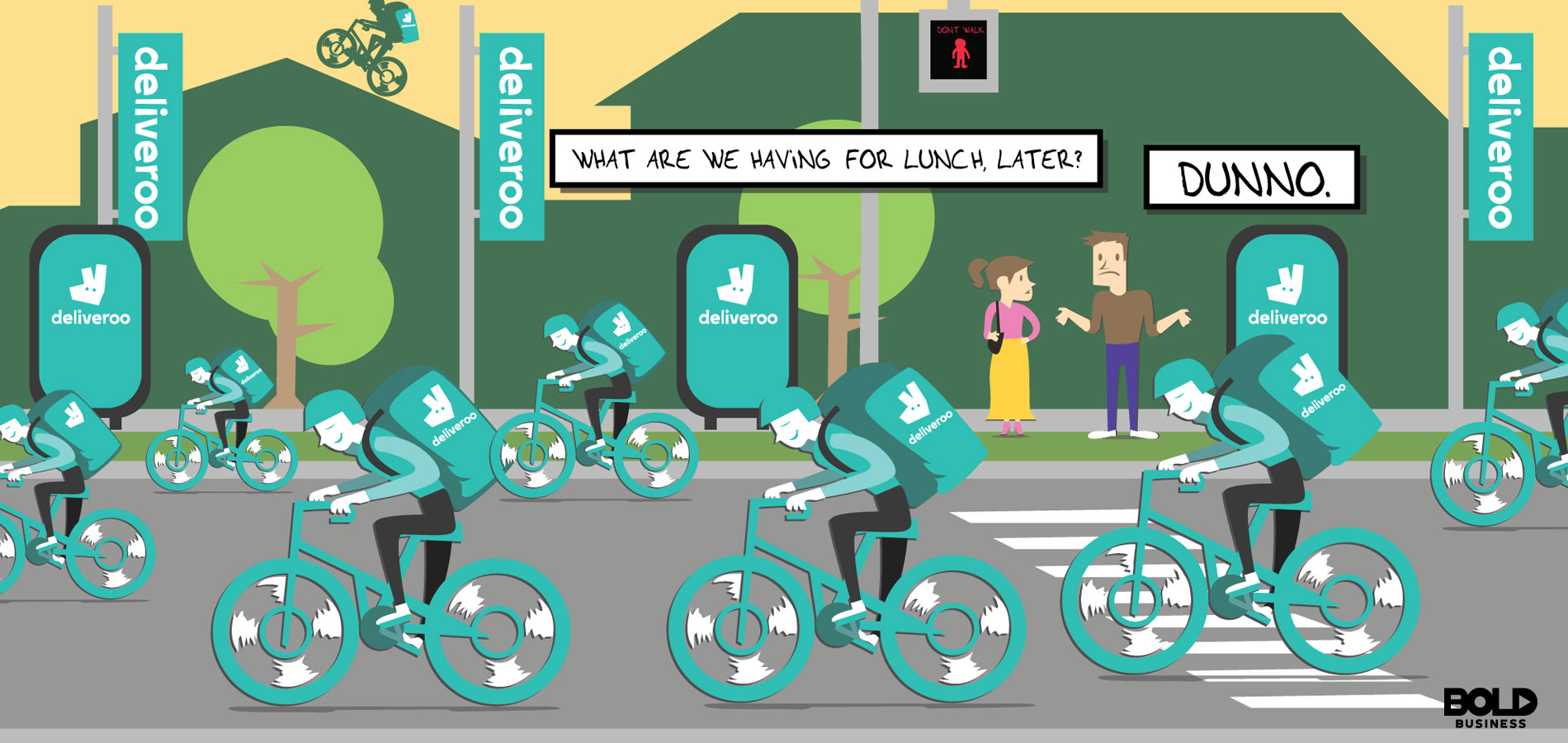 Cartoon of deliveroo food delivery service - delivery drivers on bikes