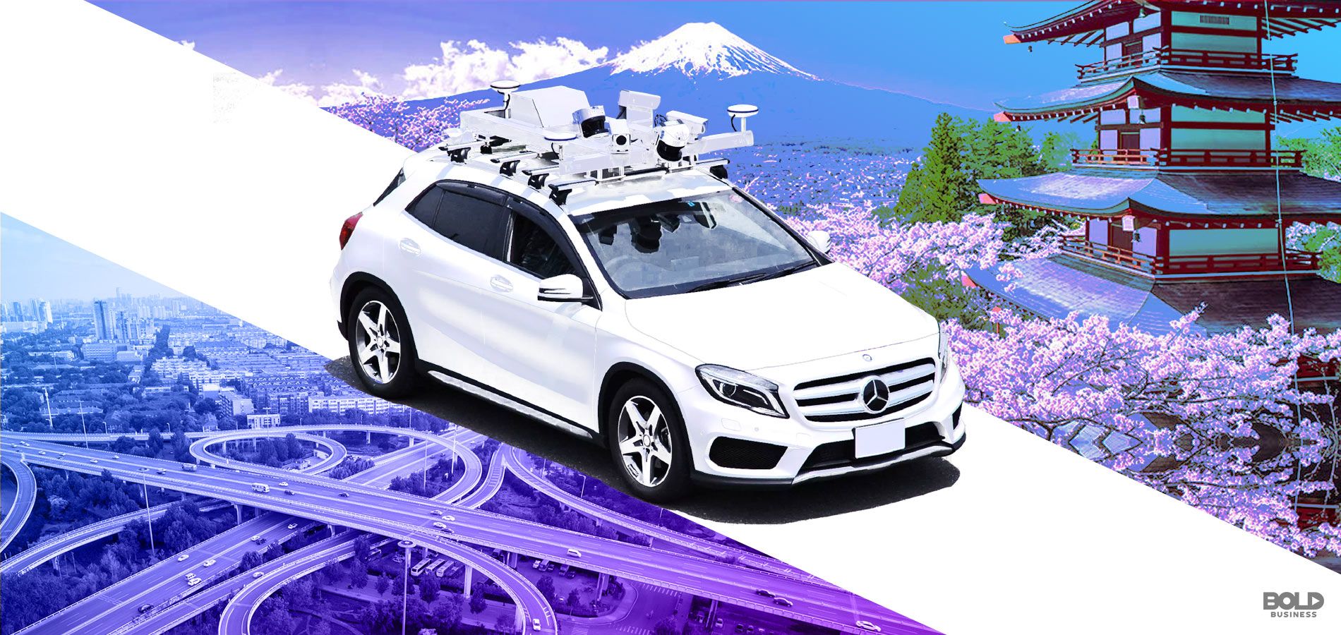 image featuring iconic landscapes of Japan, roads, traffic, buildings, cars