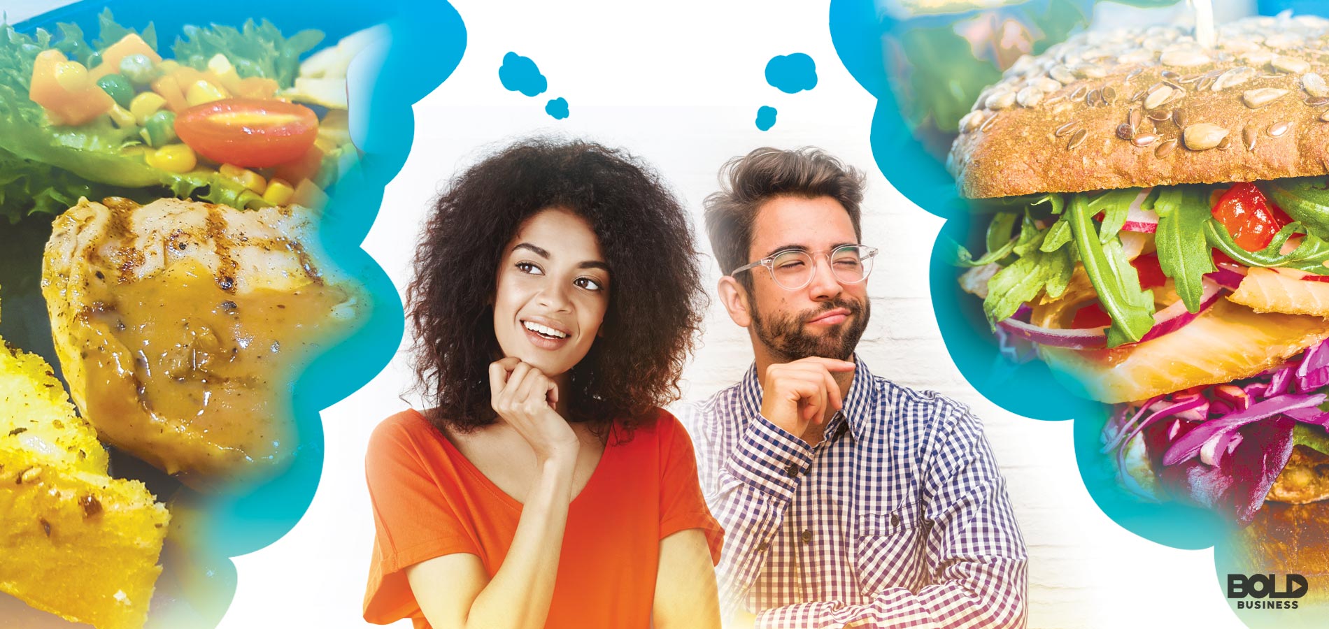 food choices, man and woman thinking about food with chicken and burger in thought bubbles