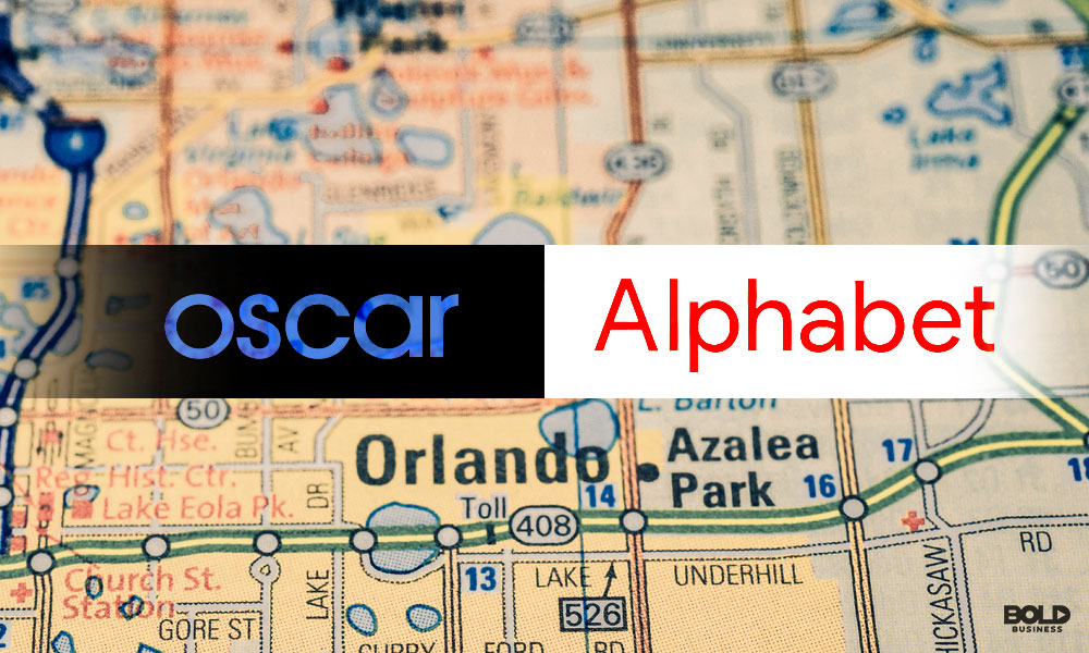 oscar health insurance and alphabet investment and Google investment on foreground of map
