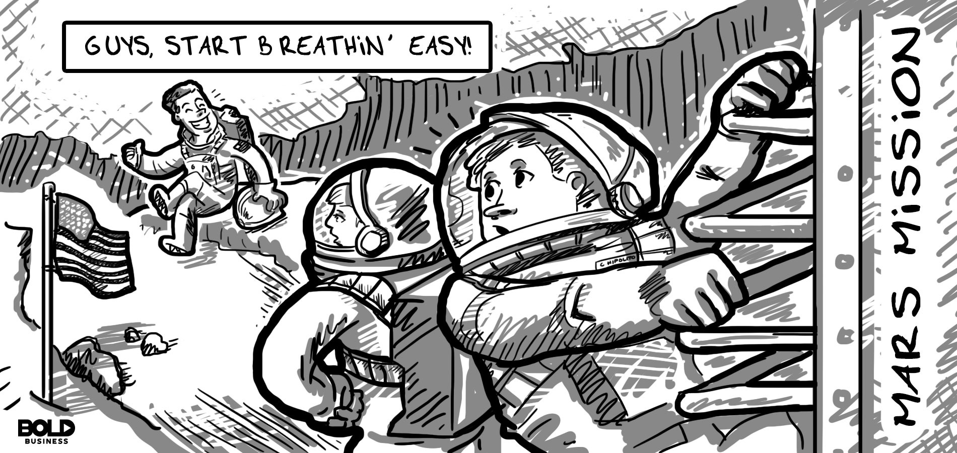 Cartoon of astronauts on a space exploration.