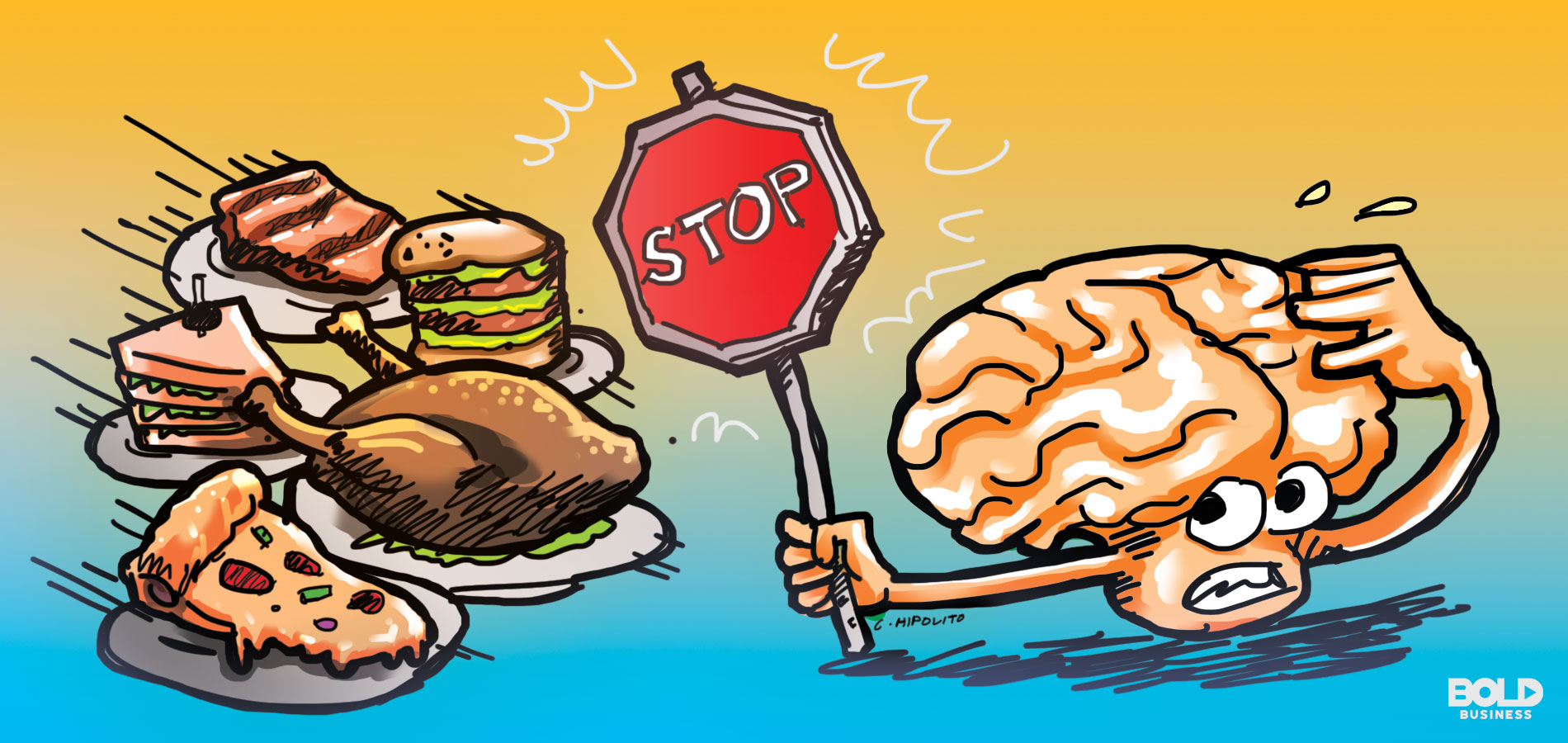 cartoon showing various kinds of food chasing a brain that's holding a stop sign toward their direction