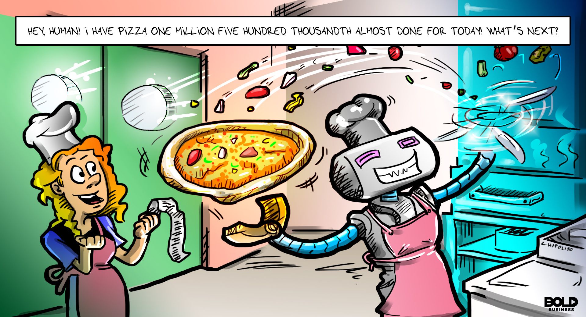 cartoon of a zume robot pizza making a pizza as a waitress beside it cheers it on