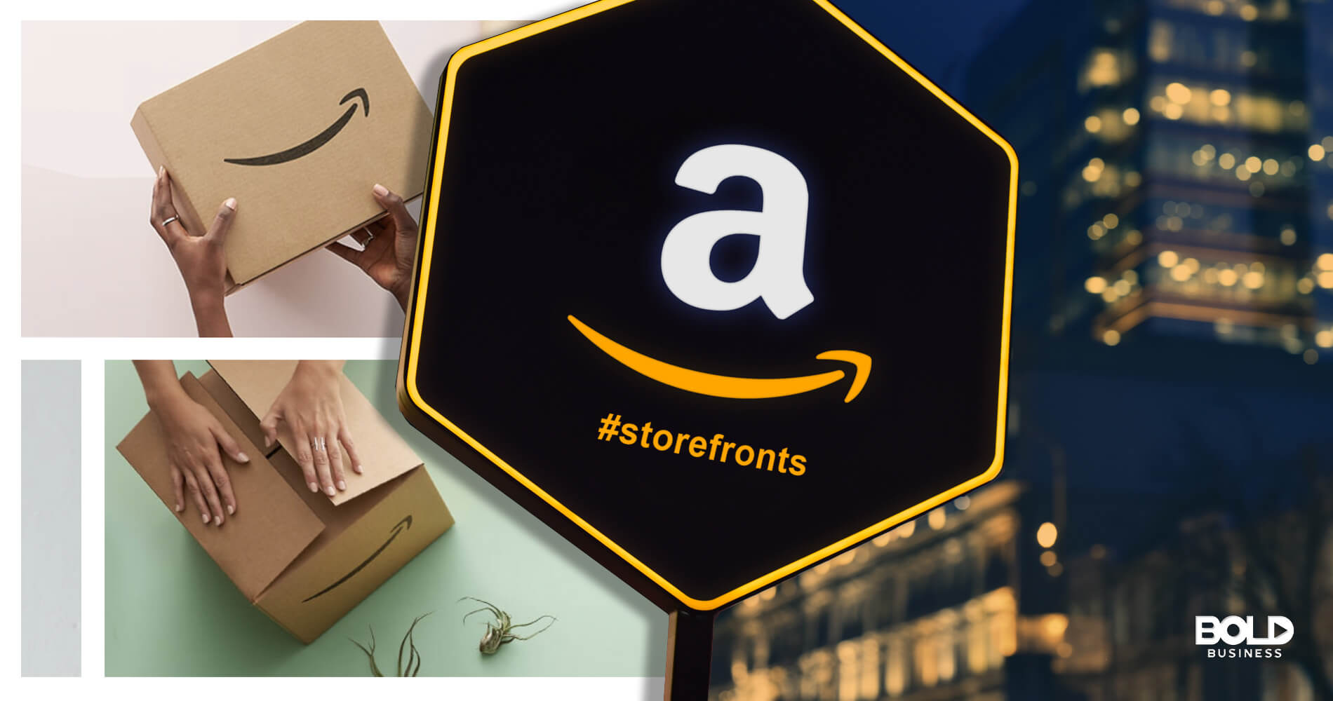 a logo of Amazon Storefronts in front of photos of a building and two boxes