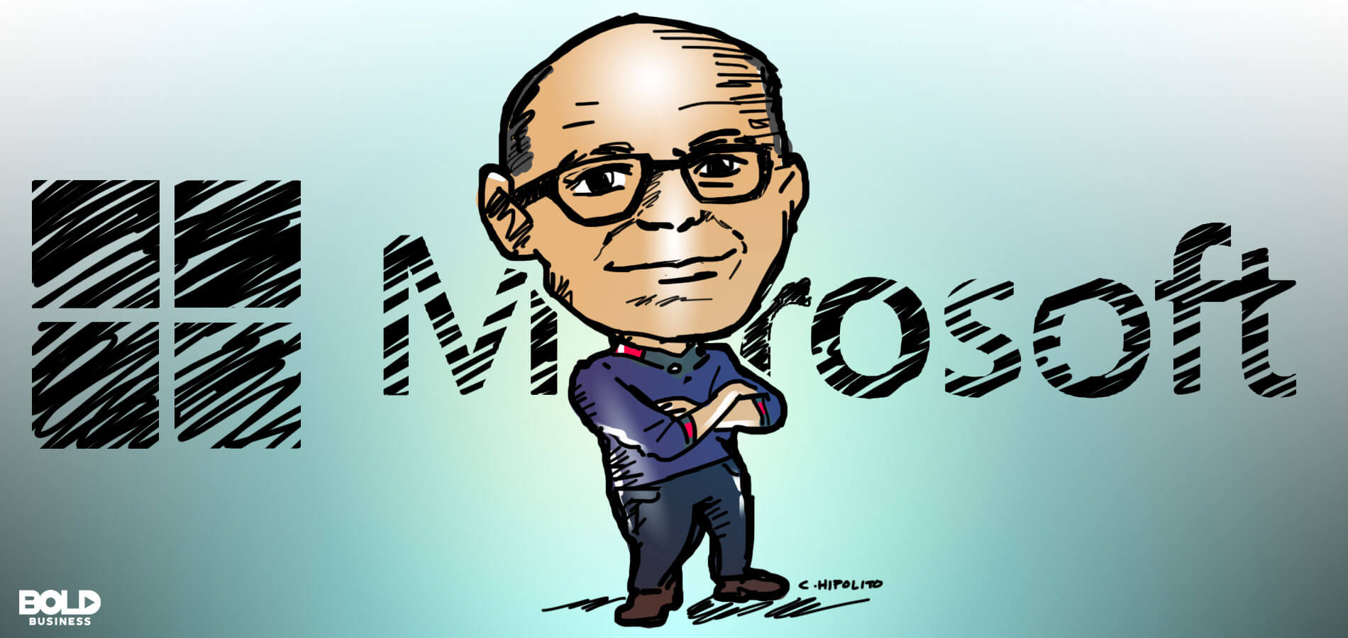 cartoon caricature of Satya Nadella, CEO of Microsoft, posing as the bold leader spotlight of the week