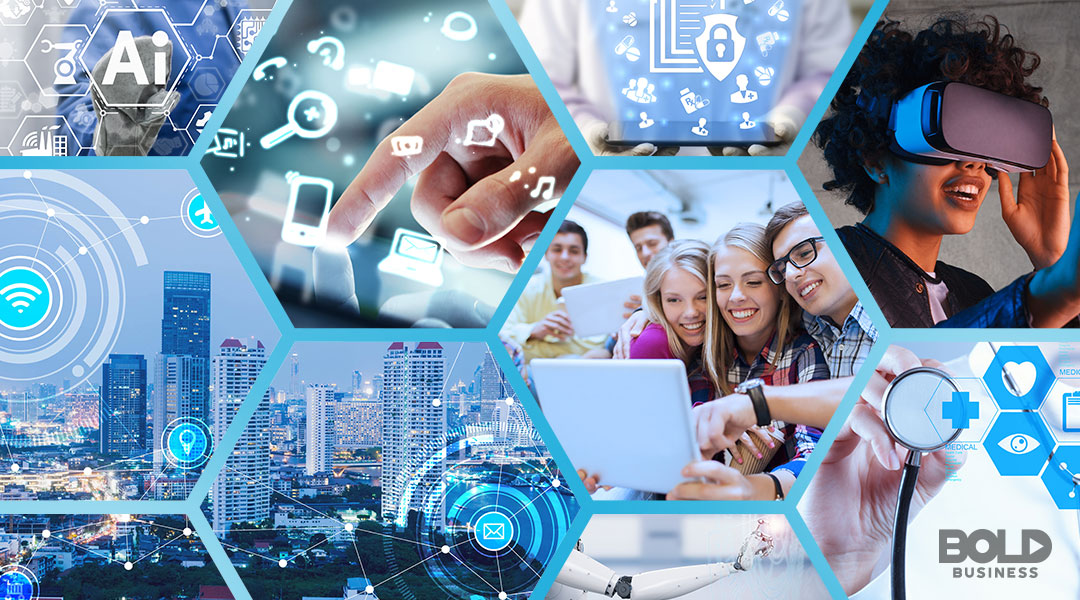 a photo of teenagers using laptops and other kinds of technology used in Smart Cities in the U.S.