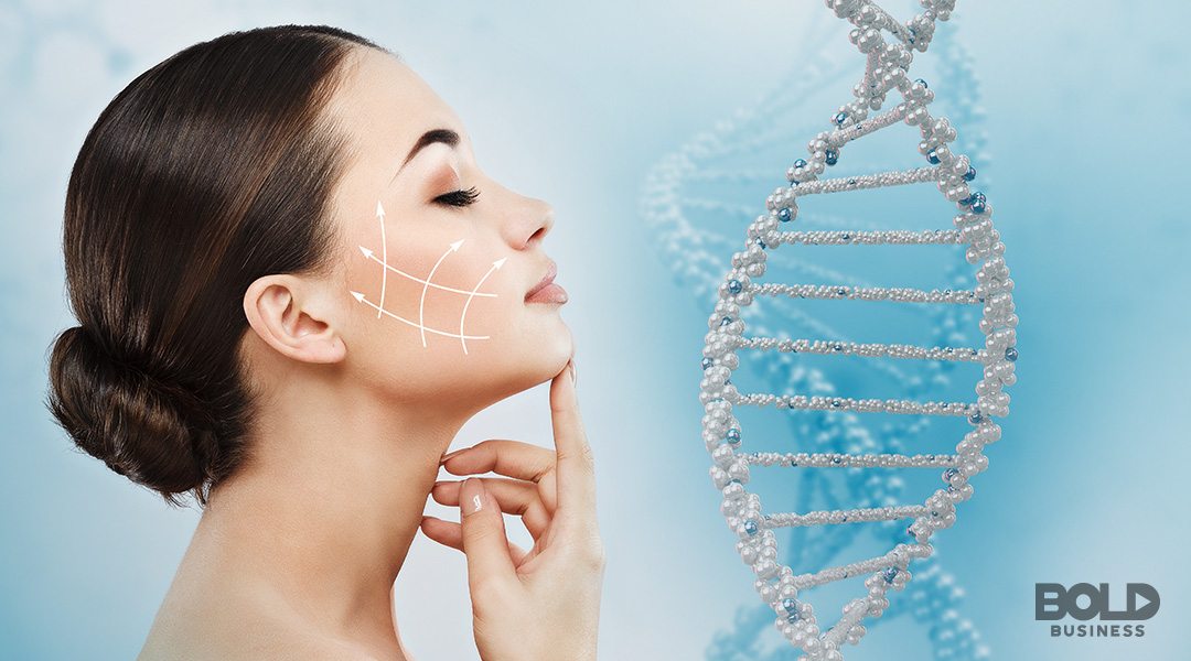 a woman and a DNA strand side-by-side amid Anti-Aging Startups Leading the Longevity Research Revolution