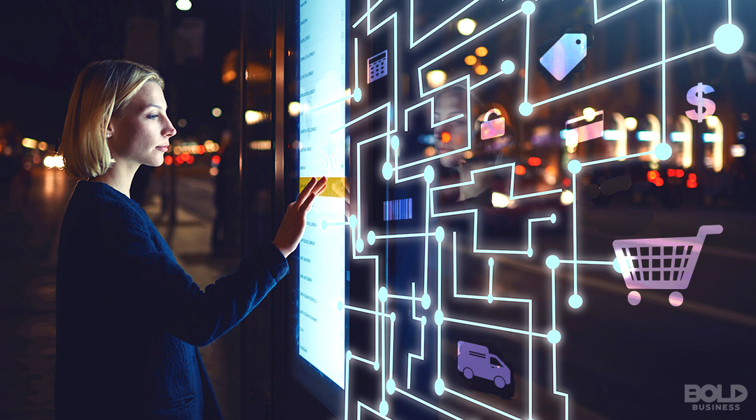 customer intelligence management, woman selects an item from a dropdown menu from a glass screen