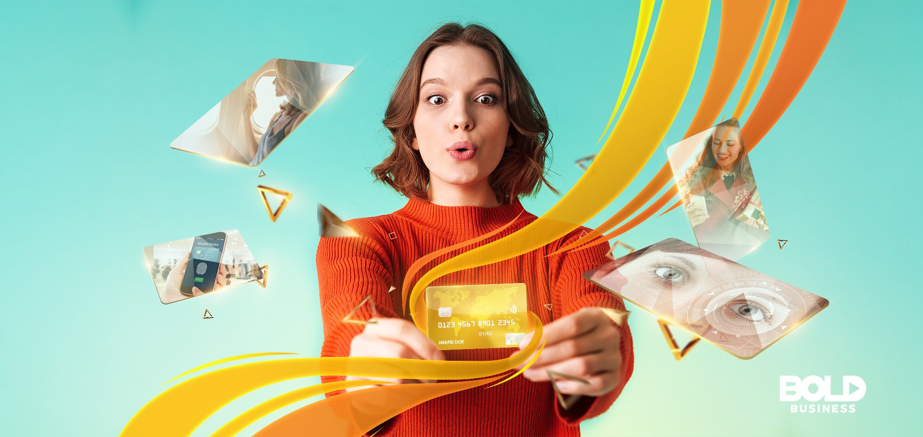 credit card innovation, woman in orange holding out a credit card