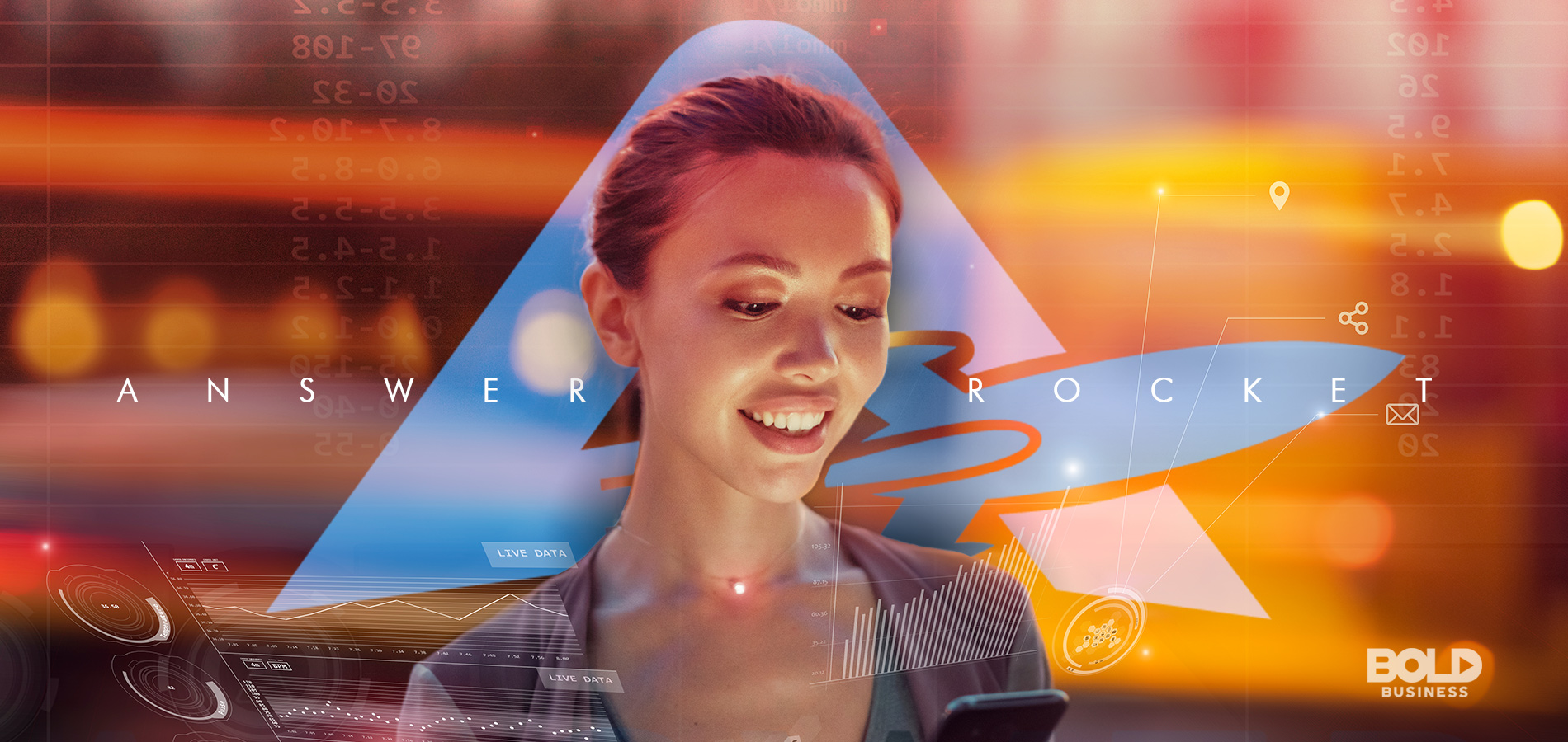 future of data analytics, answerrocket logo behind a woman looking at her smart phone