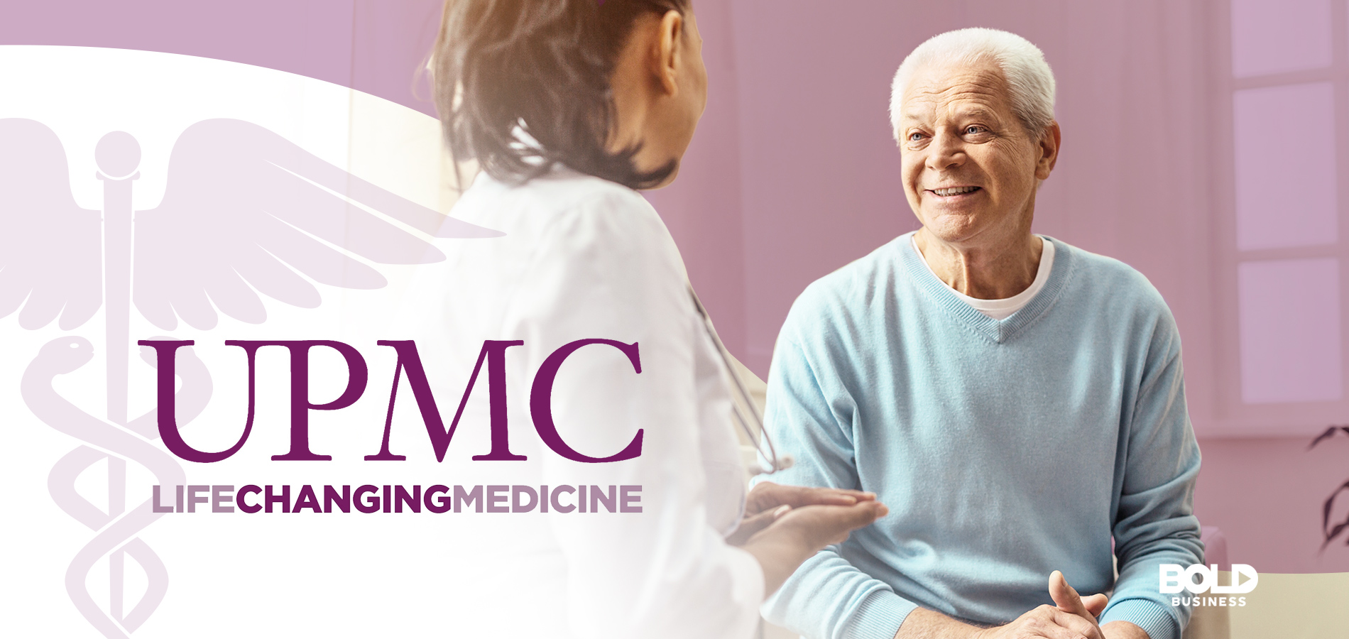 a photo of the University of Pittsburgh Medical Center logo beside a doctor talking with an elderly employee