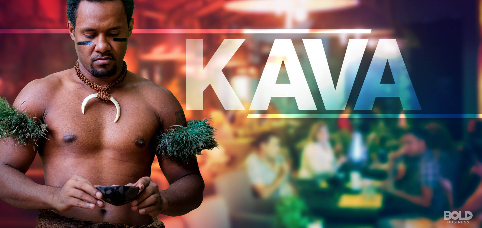 a photo of a Fiji native holding a cup of kava and beside him is a shadowy silhouette of people drinking kava in one of the Kava bars in the US