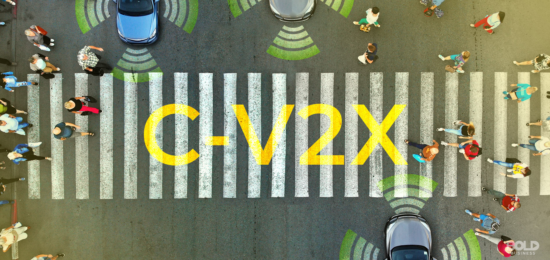 a photo of an aerial view of a pedestrian lane where people are crossing a street with cars stopped on both lanes while there are current innovations in transport systems like V2X technology in the world