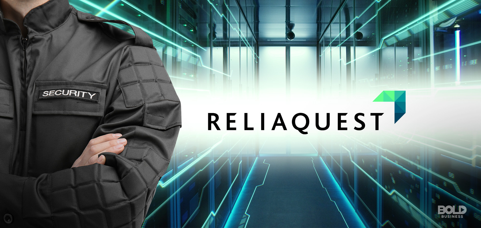 reliaquest logo, jacket with the name security on the left side of the image